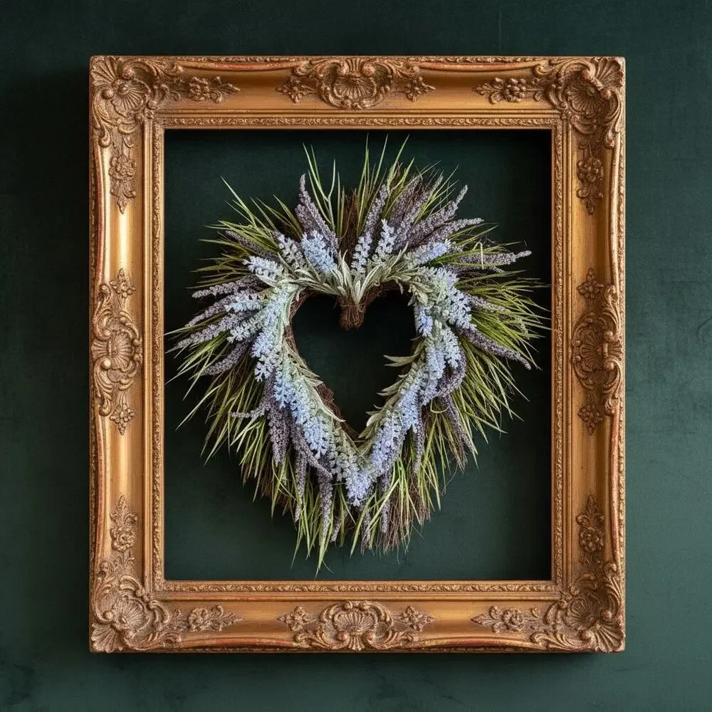 Heart Shaped Lavender Wreath-Faux Floral-Farmhouse-Cottage Door-Wedding-Purple